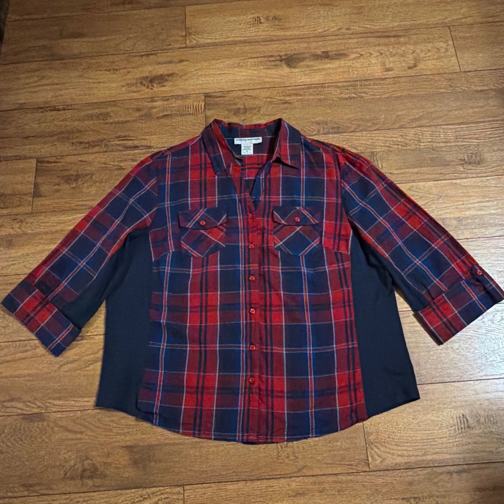 Cathy Daniels Womens XL Plaid Button Front Shirt Red Blue 3/4 Sleeve Cotton